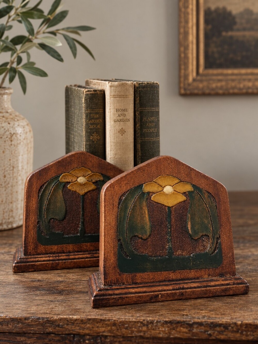 Vintage Wood Bookends Set, Arts & Crafts Floral Tulip Mission Style